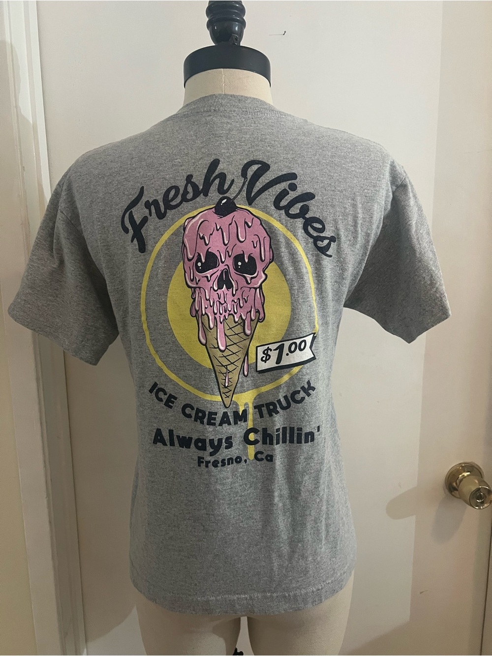 Tilly's Grey Tee with Pink Dripping Skull Ice Cream and Yellow Accent